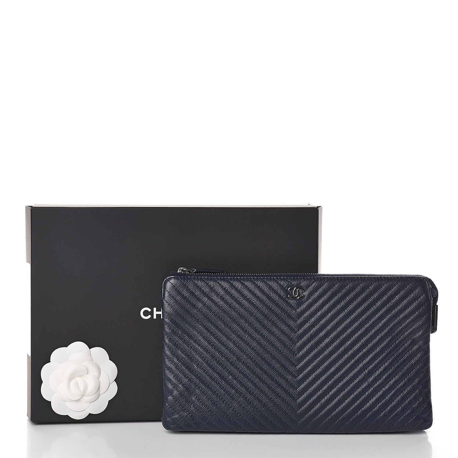 Chanel Caviar Chevron Quilted Small Zipped Pouch Navy 10 of 10