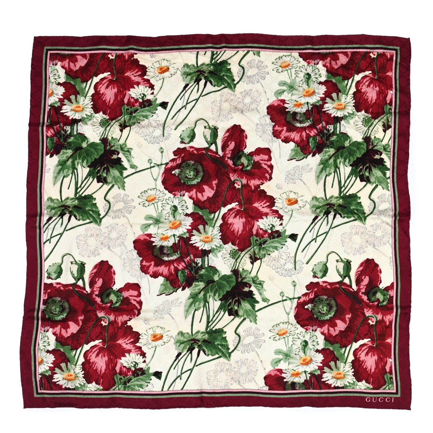 Silk Jacquard GG Monogram Deep Love Square Scarf Ivory Red