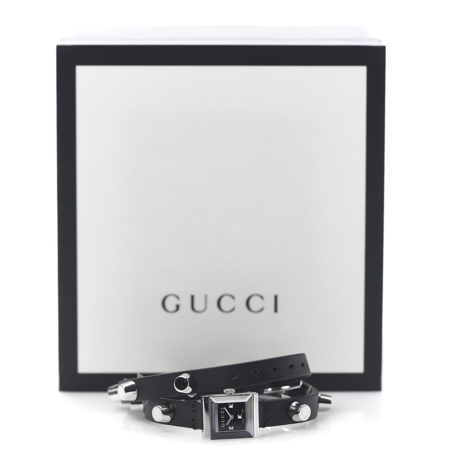 Stainless Steel Calfskin 14mm G-Frame Square Double Wrap Stud Quartz Watch Black