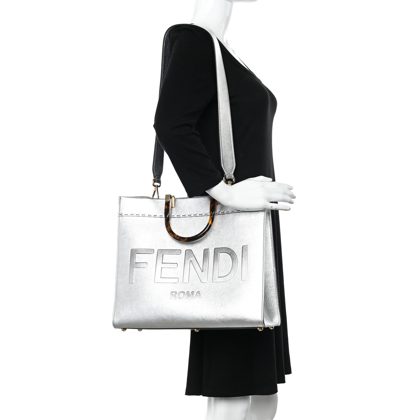 Vitello Catalan Mirror Plexiglass Logo Embossed Medium Fendi Sunshine Shopper Tote Argento