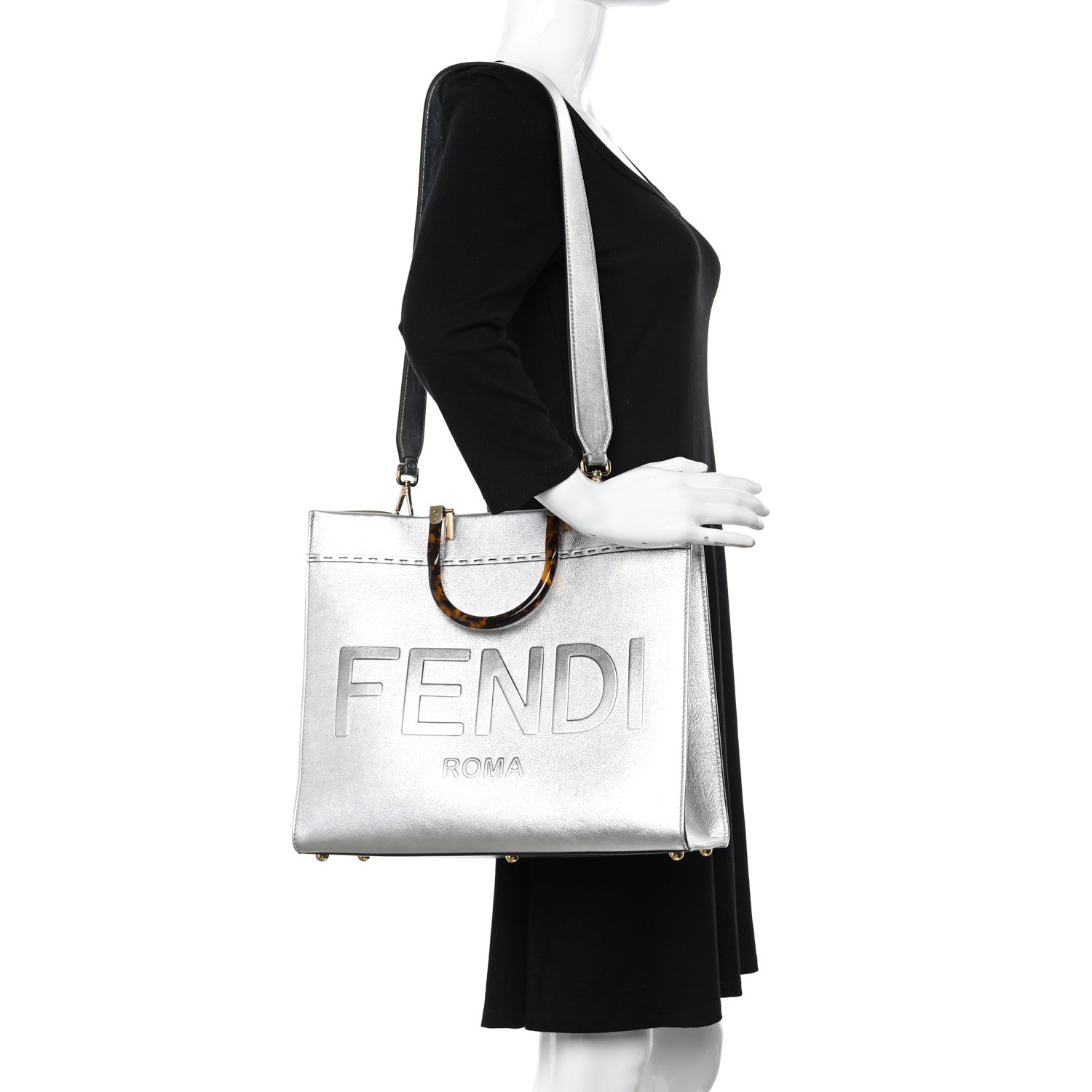 Fendi Vitello Catalan Mirror Plexiglass Logo Embossed Medium Fendi Sunshine Shopper Tote Argento 2 of 11