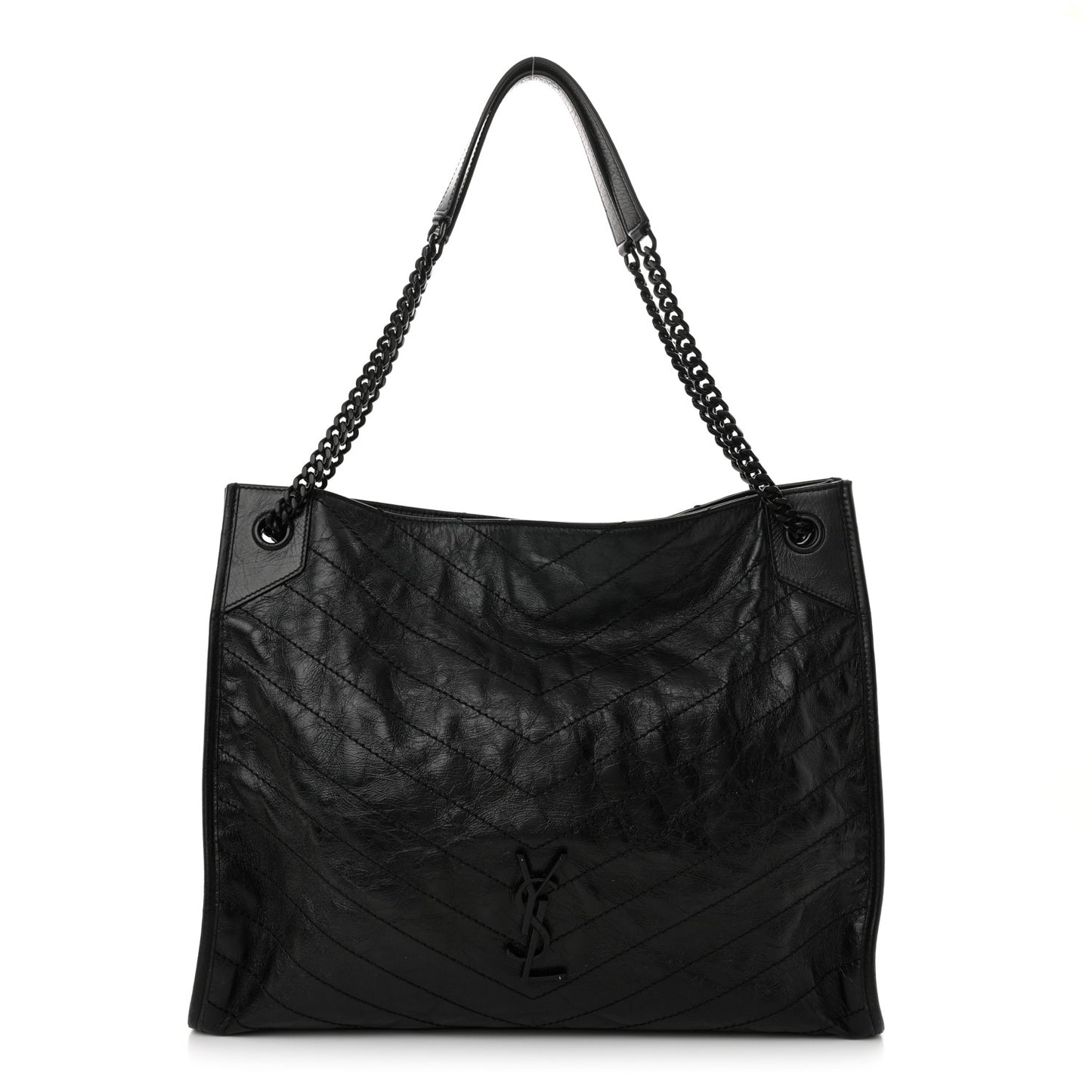 Crinkled Calfskin Matelasse Monogram Large Niki Shopper Tote Black
