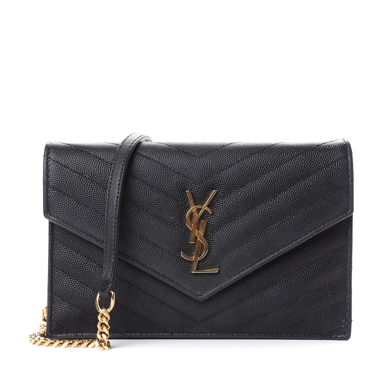 Saint Laurent Grain De Poudre Matelasse Chevron Monogram Envelope Chain Wallet Black 1 of 11
