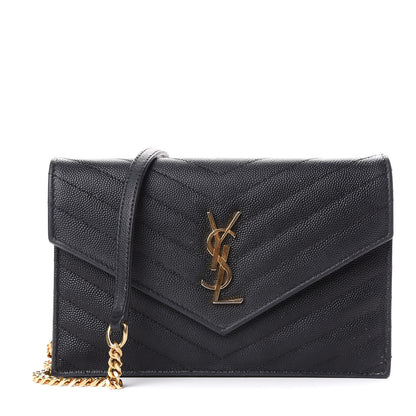 Saint Laurent Grain De Poudre Matelasse Chevron Monogram Envelope Chain Wallet Black 1 of 11