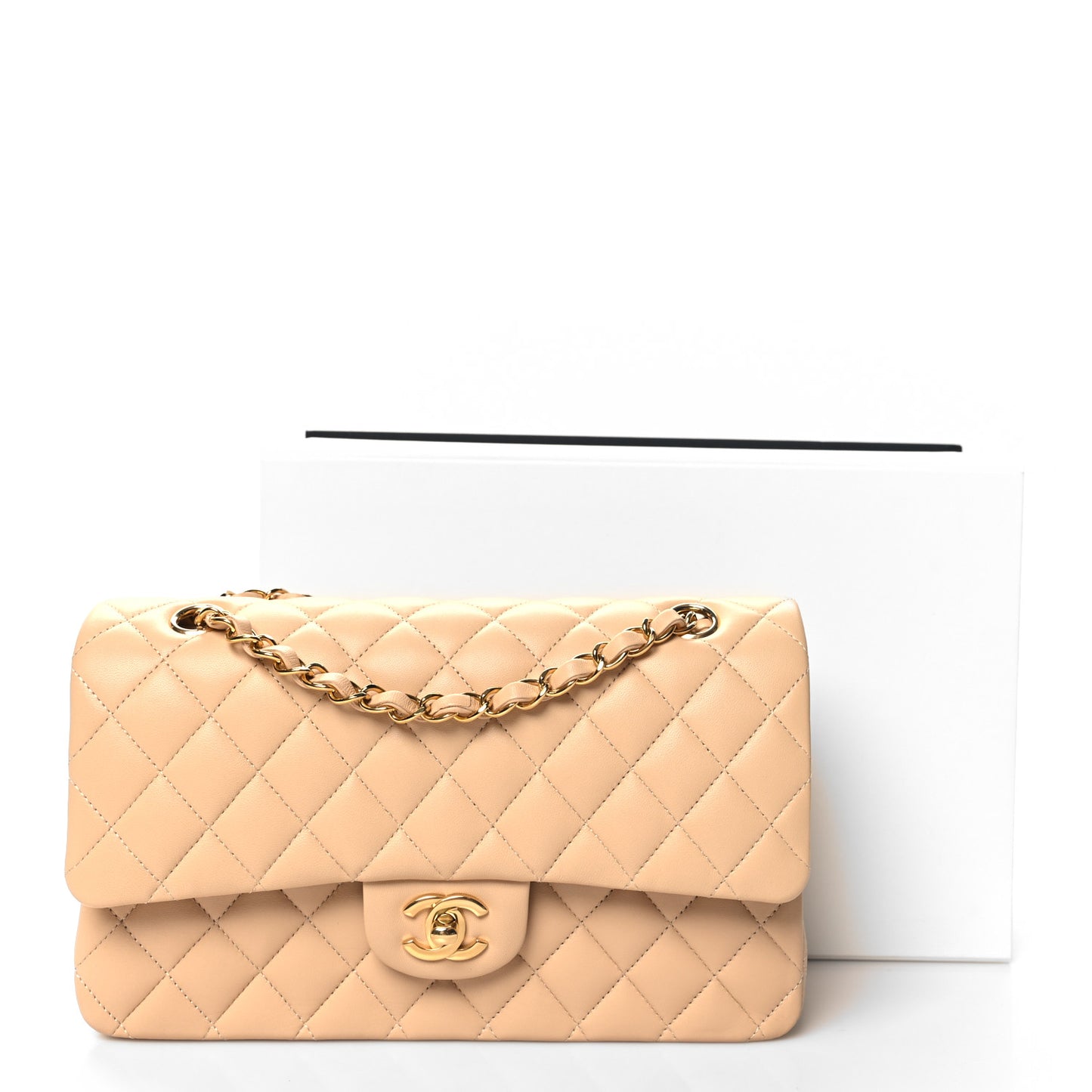 Lambskin Quilted Medium Double Flap Beige