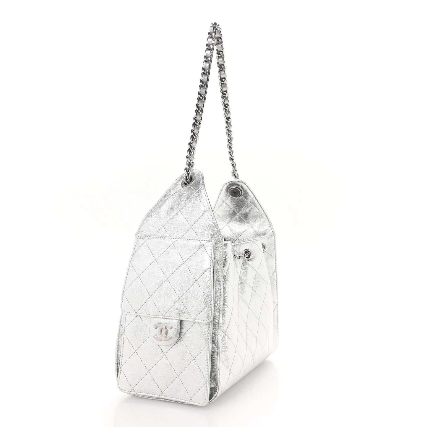Metallic Caviar Quilted Small Chanel 25 Handbag Silver