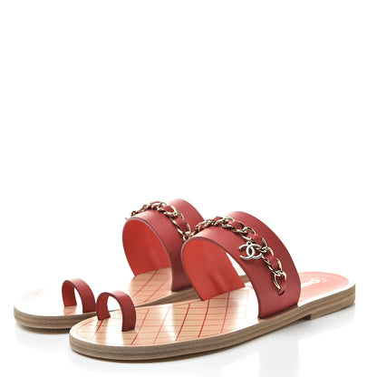 Chanel Calfskin Chain CC Sandals 38 Red 3 of 8