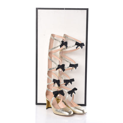 Gucci Metallic Calfskin Pebbles Lace Up Gladiator Knee High Boots 35.5 Gold Black 8 of 8