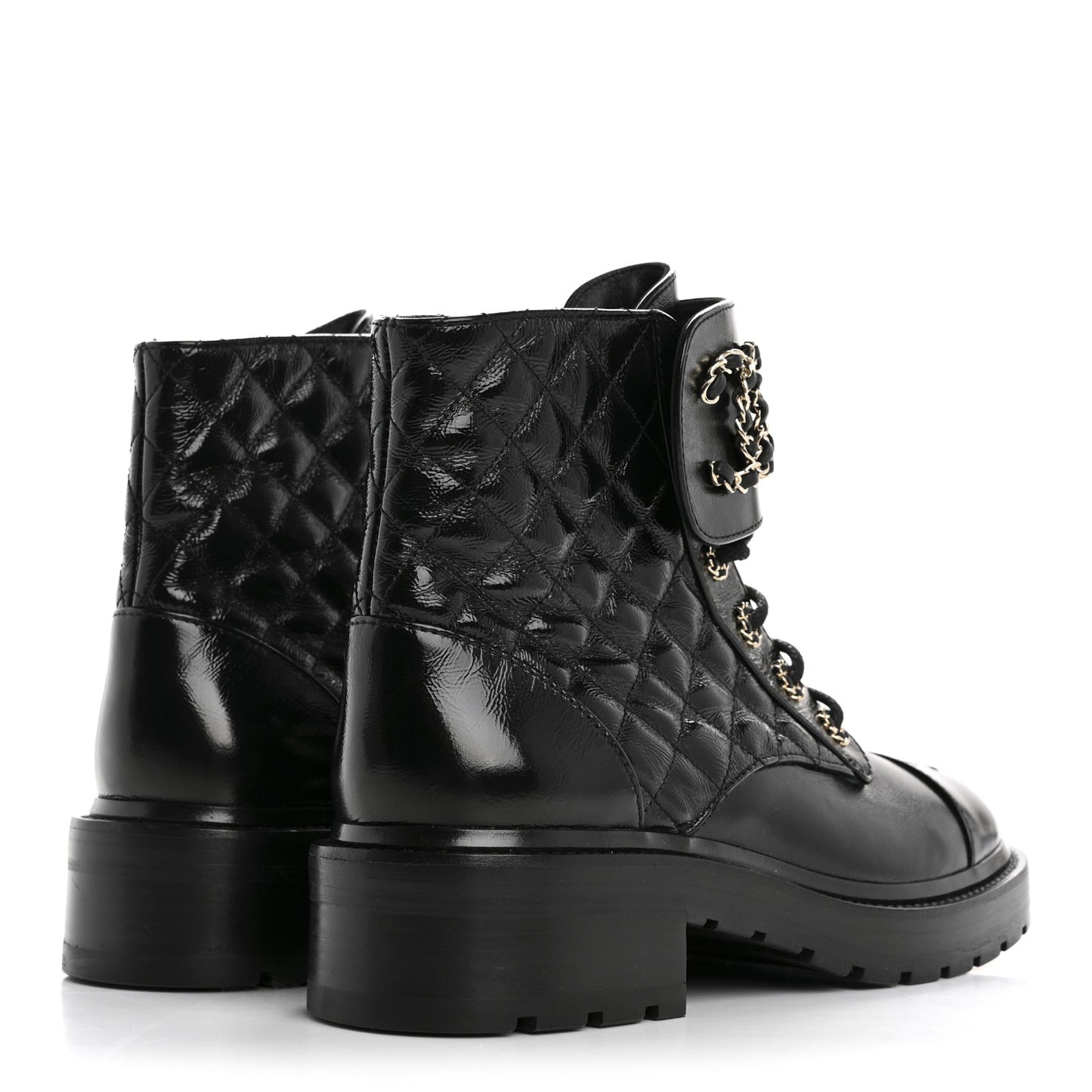 Shiny Calfskin Quilted Lace Up Combat Boots 38.5 Black