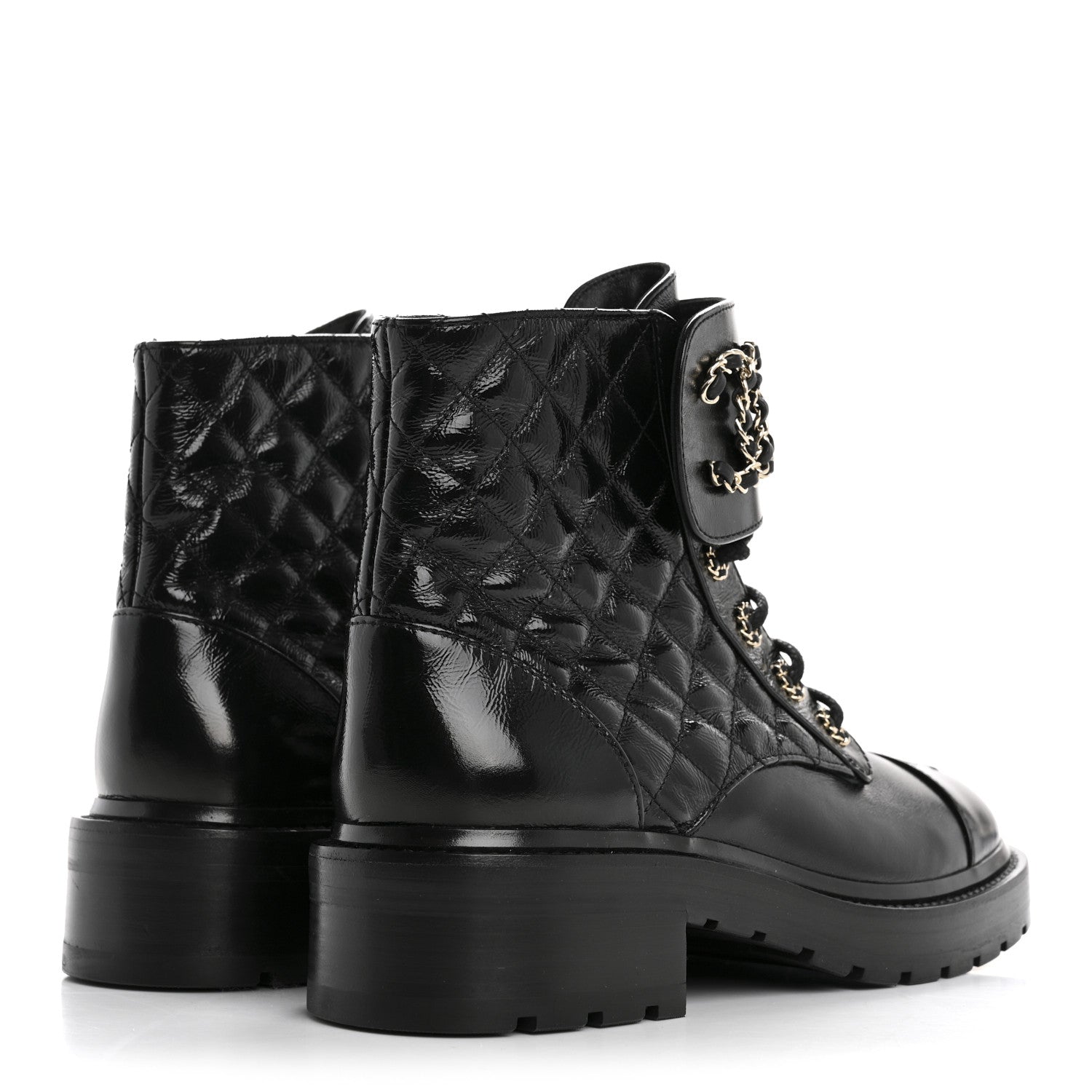 Chanel Shiny Calfskin Quilted Lace Up Combat Boots 38.5 Black 5 of 10