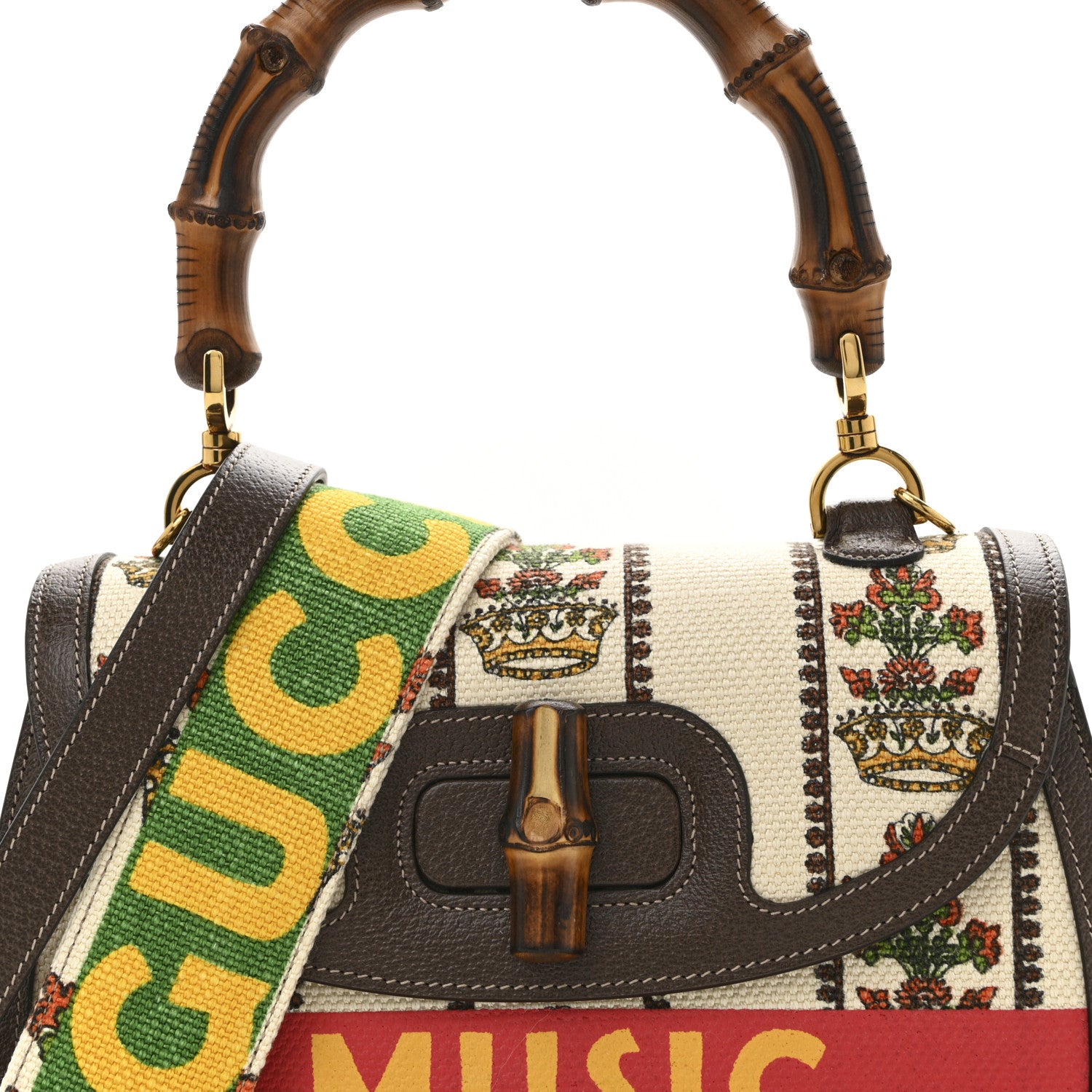 Gucci Canvas Calfskin 100 Centennial Music Medium Bamboo 1947 Top Handle Bag Multicolor 8 of 11