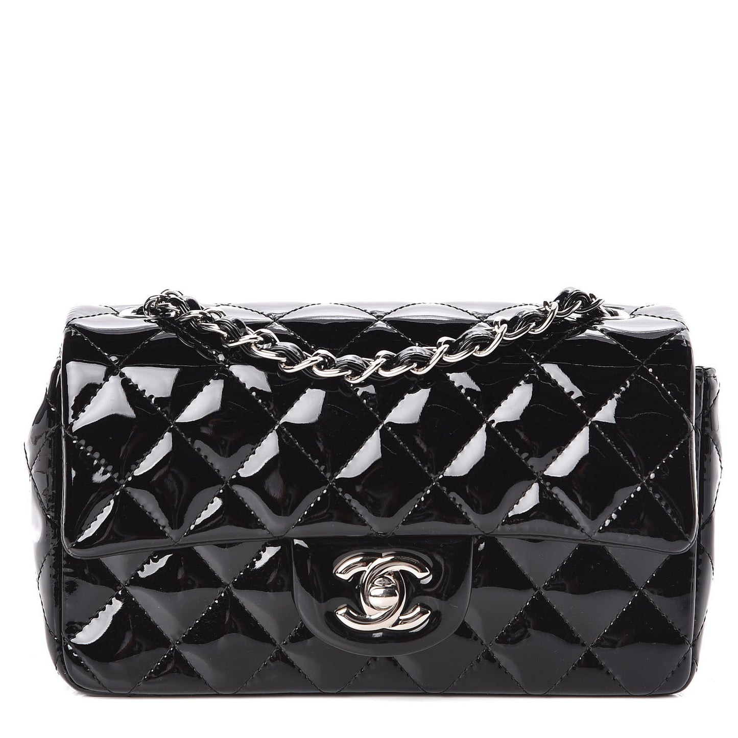 Patent Calfskin Quilted Mini Rectangular Flap Black