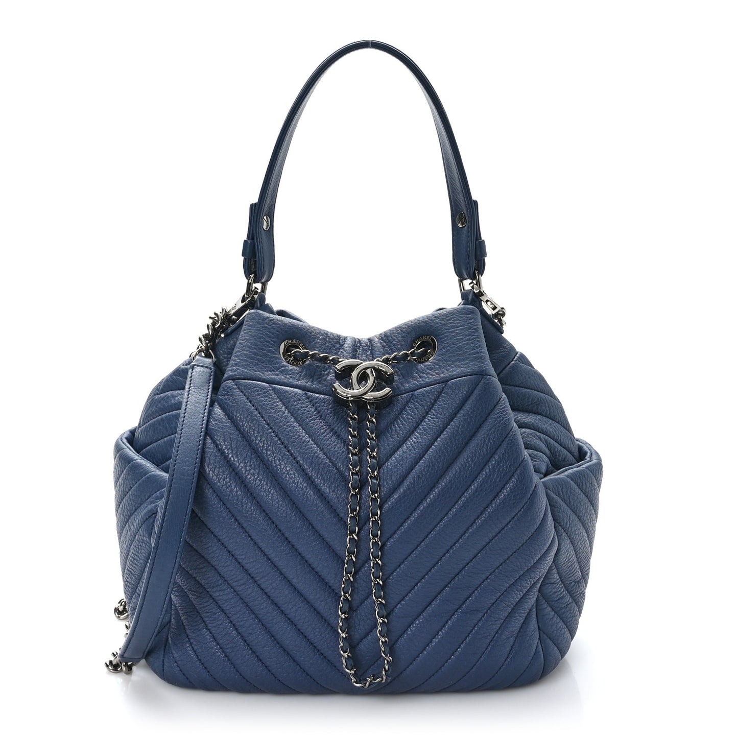 Deerskin Chevron Medium CC Chain Bucket Drawstring Bag Navy Blue