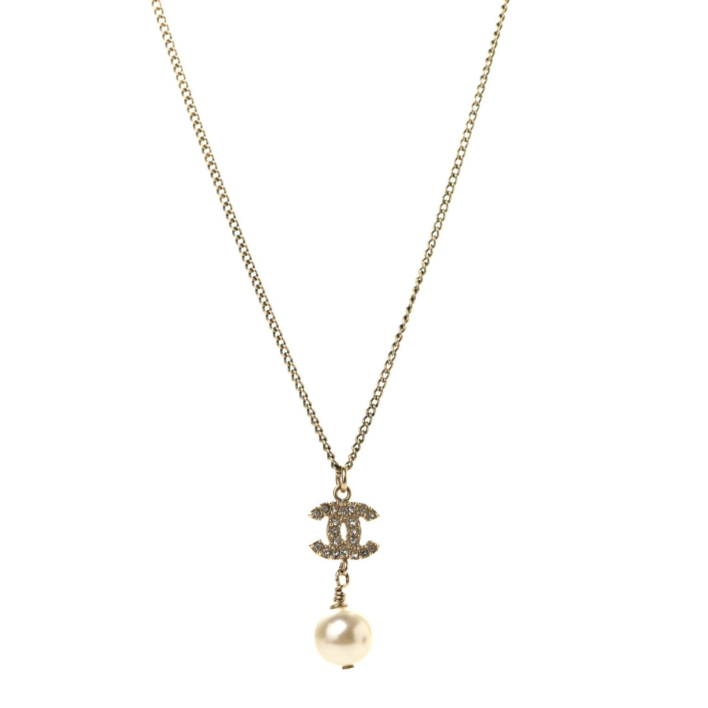 Pearl Crystal CC Pendant Necklace Light Gold