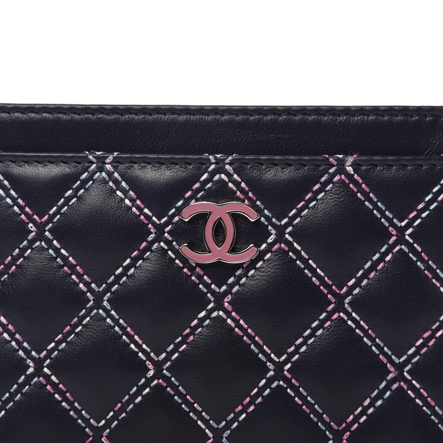 Lambskin Double Stitch Quilted Card Holder Navy Pink