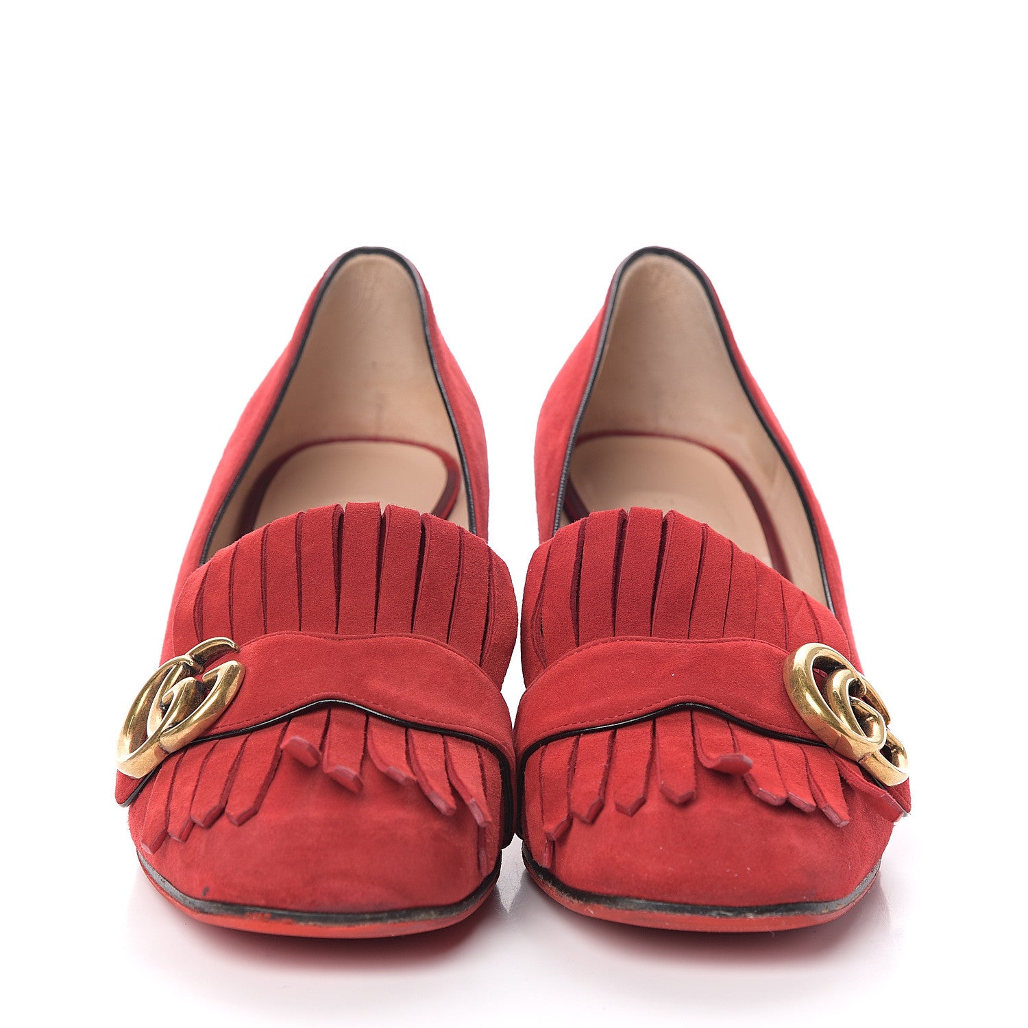 Gucci Kid Scamosciato GG Marmont Fringe 50mm Loafer Pumps 37.5 Vulcanic Red 2 of 7