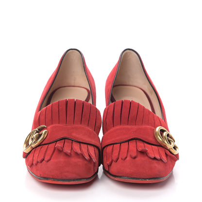 Gucci Kid Scamosciato GG Marmont Fringe 50mm Loafer Pumps 37.5 Vulcanic Red 2 of 7