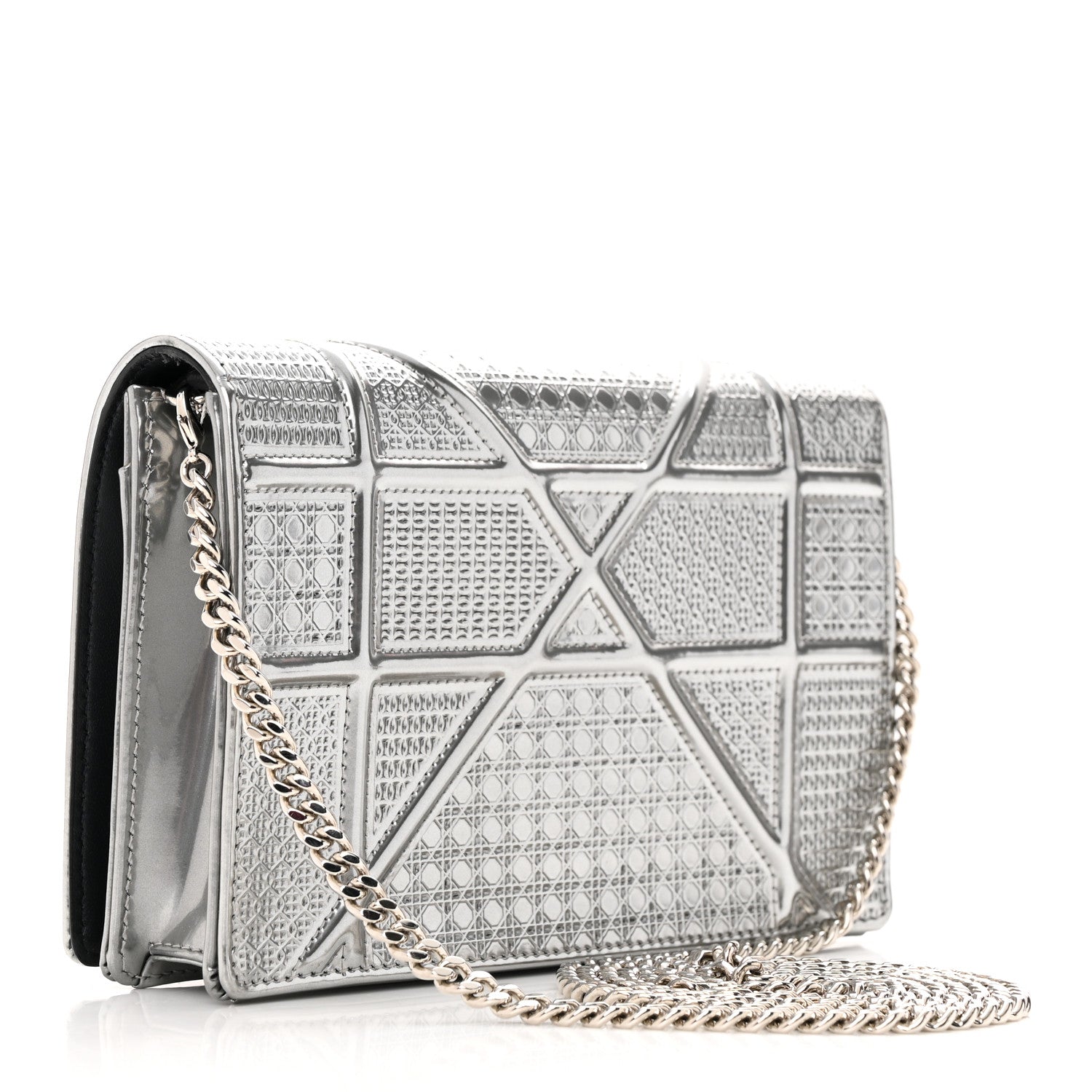 Christian Dior Metallic Patent Micro-Cannage Diorama Wallet on Chain Pouch Silver 3 of 10