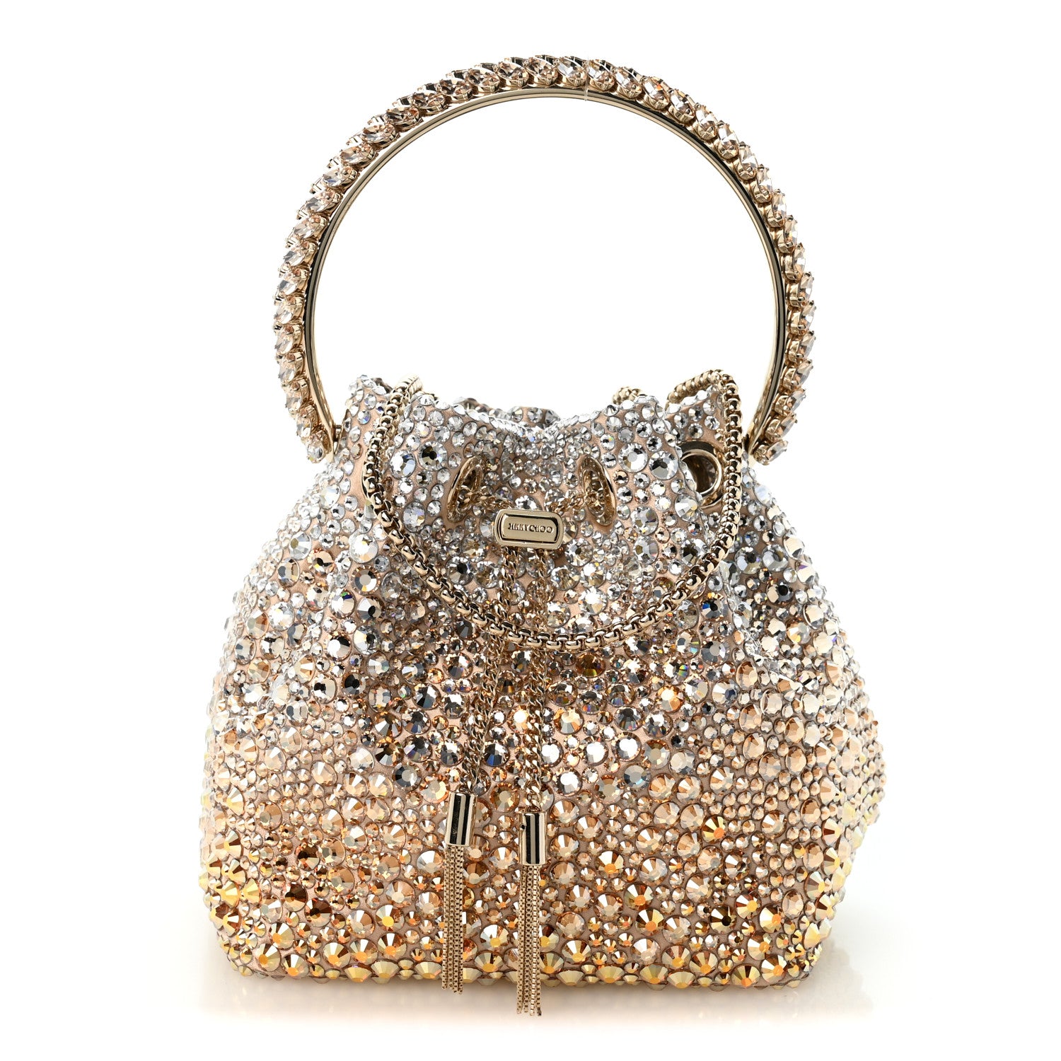 Jimmy Choo Satin Hotfix Crystal Embellished Bon Bon Bucket Bag Gold Silver 1 of 12