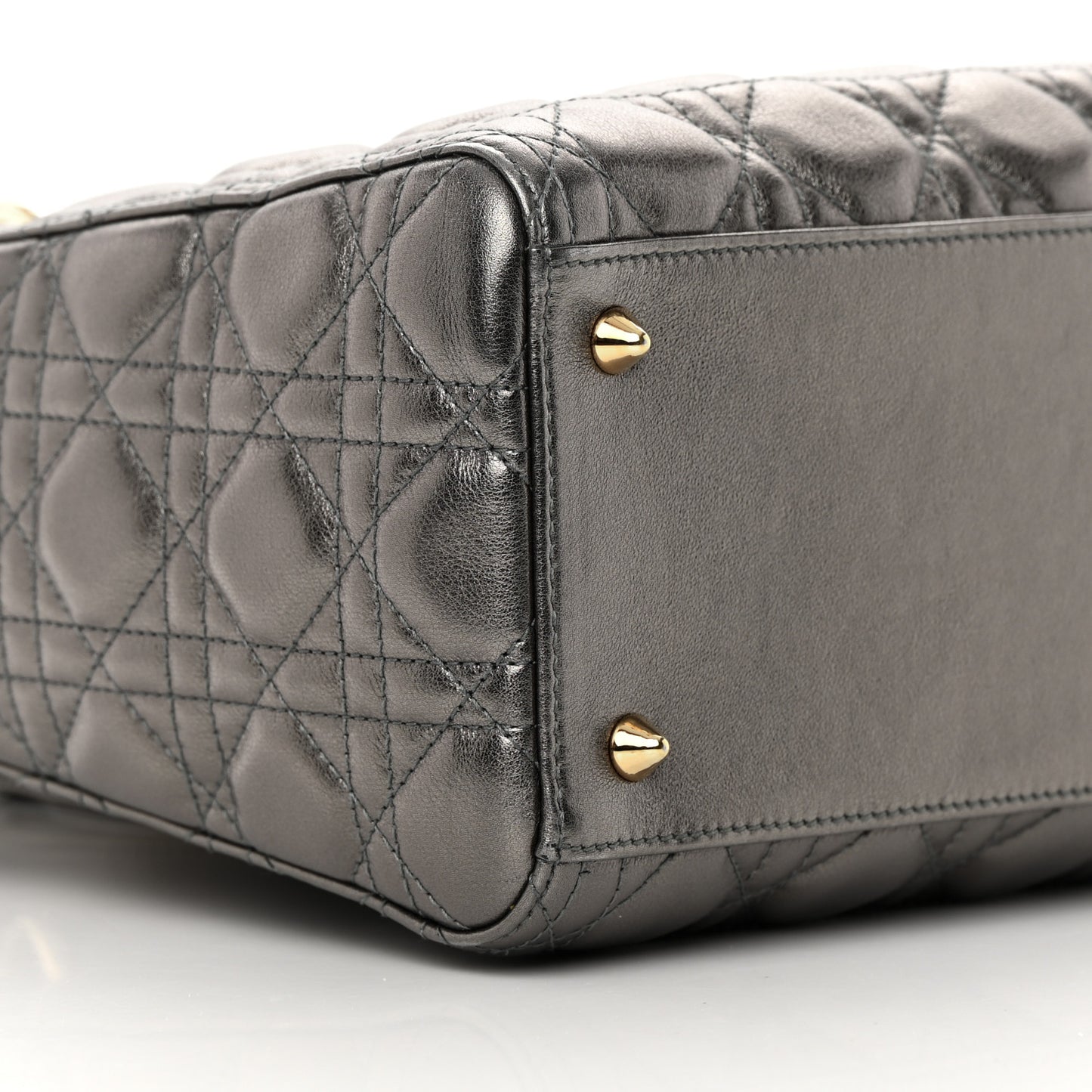 Metallic Calfskin Cannage Medium Lady Dior Gunmetal Grey