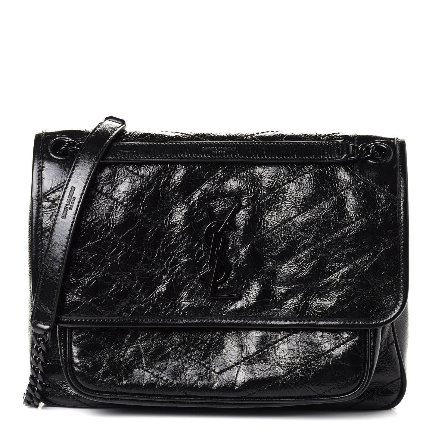 Crinkled Calfskin Matelasse Monogram Medium Niki Chain Satchel Black