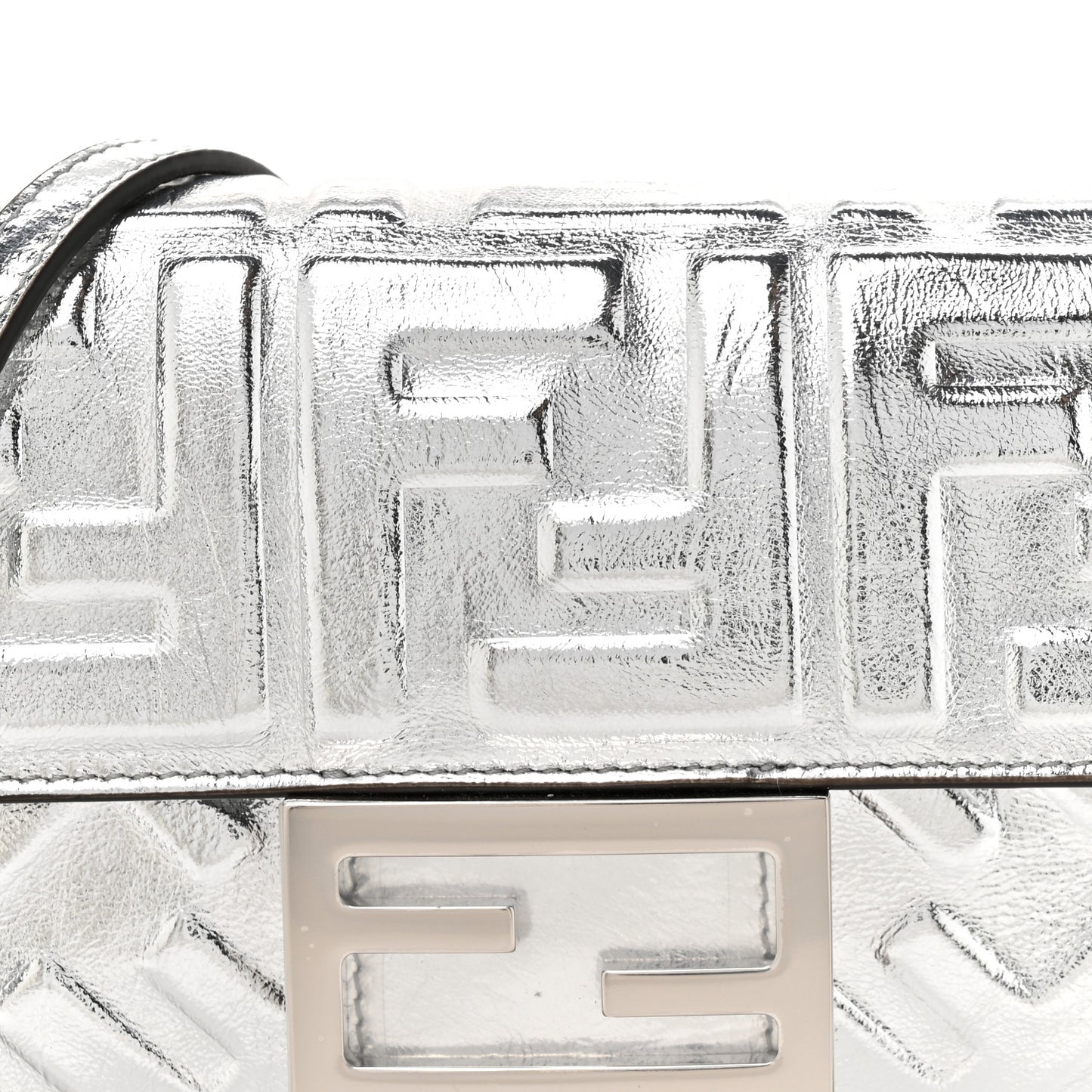 Vitello Catalan Mirror FF 1974 Embossed Mini Baguette Argento