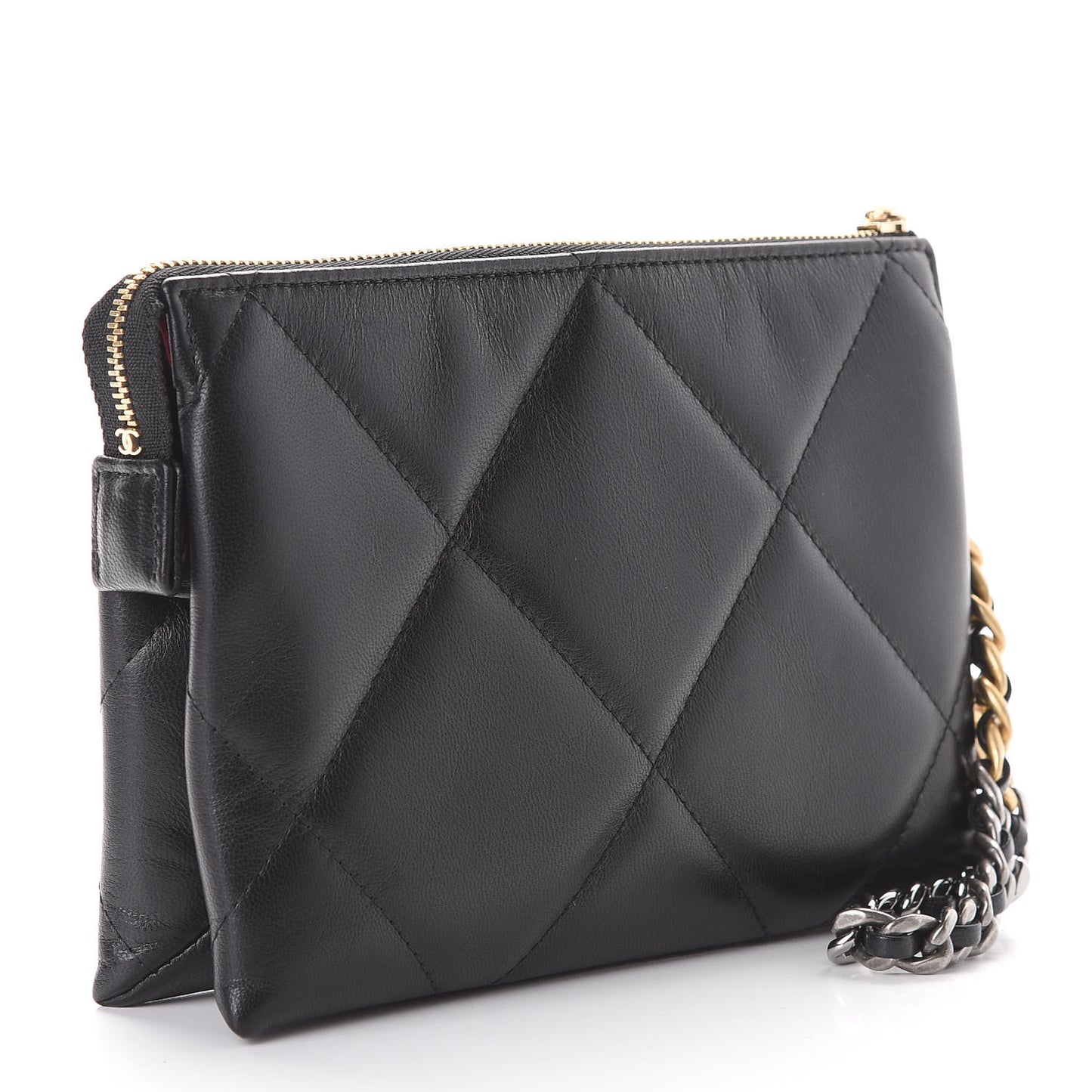 Shiny Goatskin Quilted Small Chanel 19 Pouch With Handle Black