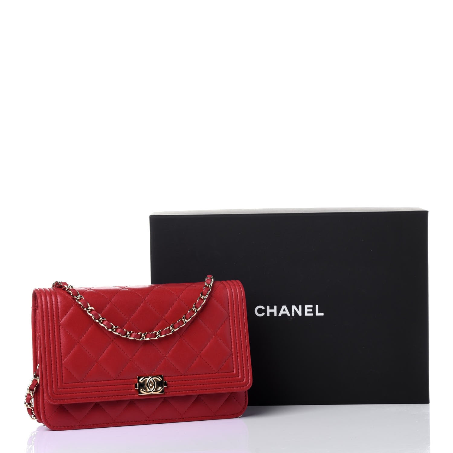 Chanel Lambskin Quilted Boy Wallet On Chain WOC Red 11 of 13