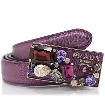 Prada Saffiano Jeweled Buckle Belt 36 90 1 of 9