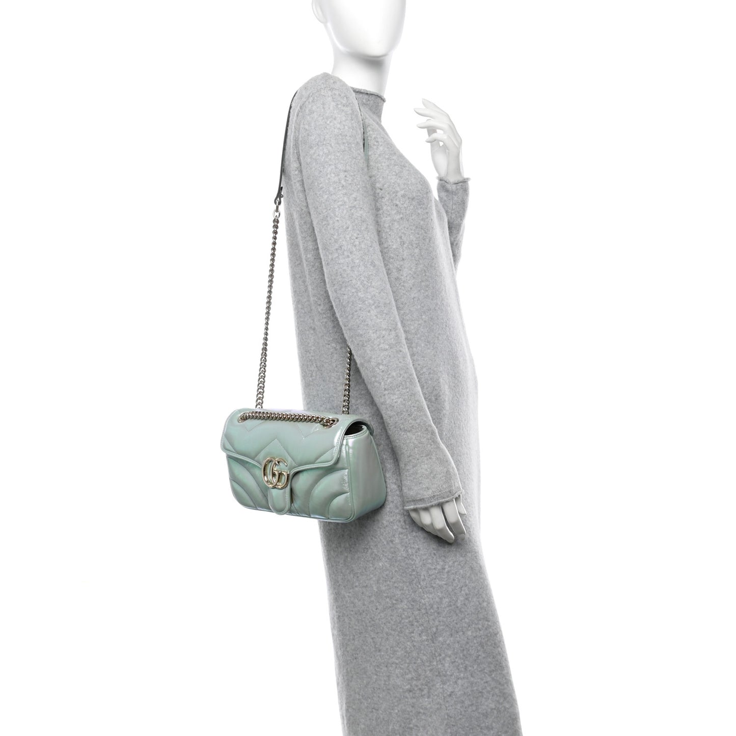 Iridescent Nappa Chevron Matelasse Small GG Marmont Shoulder Bag Iridescent Salvy Green