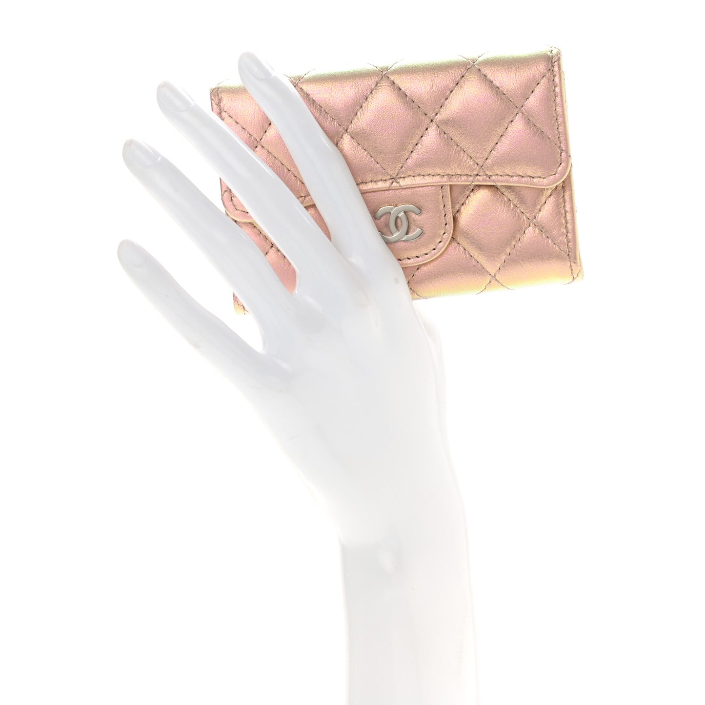 Iridescent Calfskin Quilted Flap Card Holder Wallet Pink