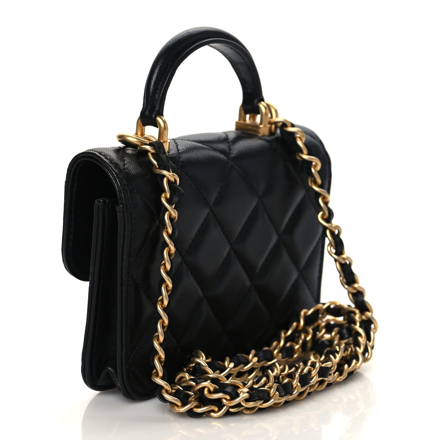 Lambskin Quilted Top Handle Flap Coin Purse With Chain Black