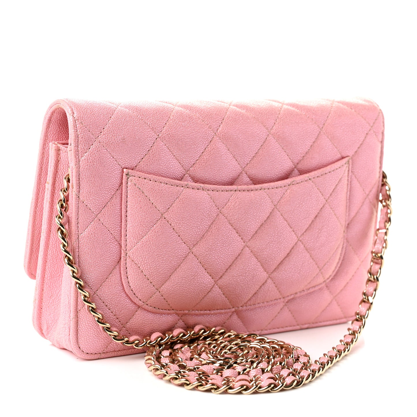 Iridescent Caviar Quilted Wallet on Chain WOC Rose Pink
