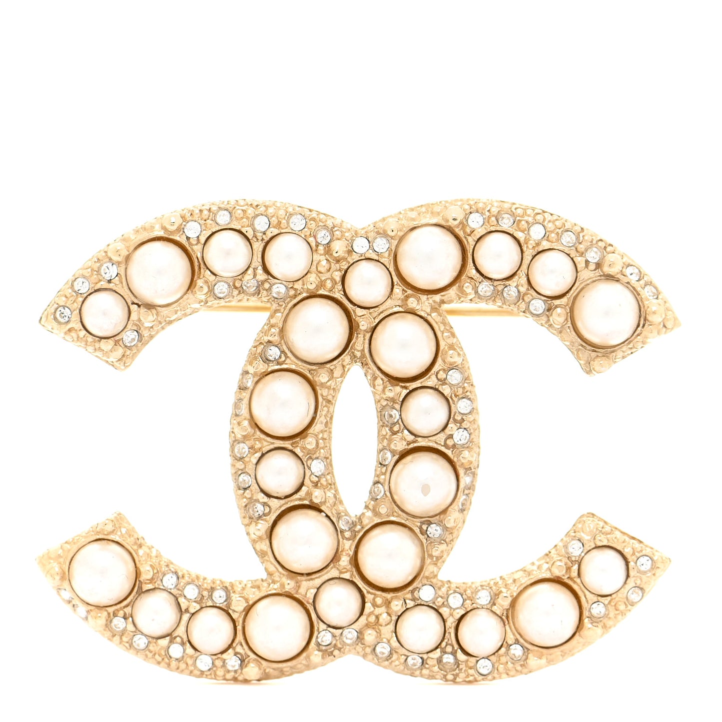 Metal Crystal Graduated Pearl CC Brooch Gold