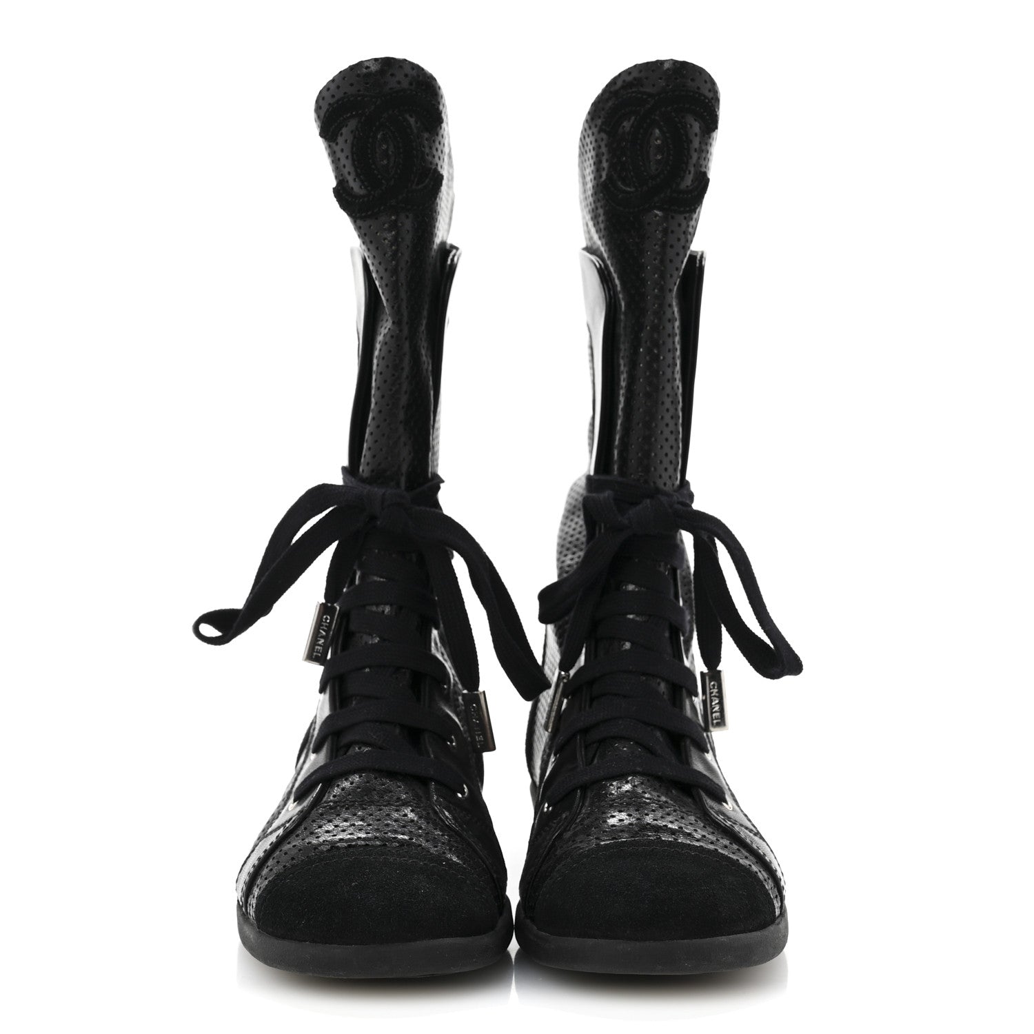 Chanel Perforated Lambskin High Top CC Sneaker Boots 36.5 Black 3 of 10