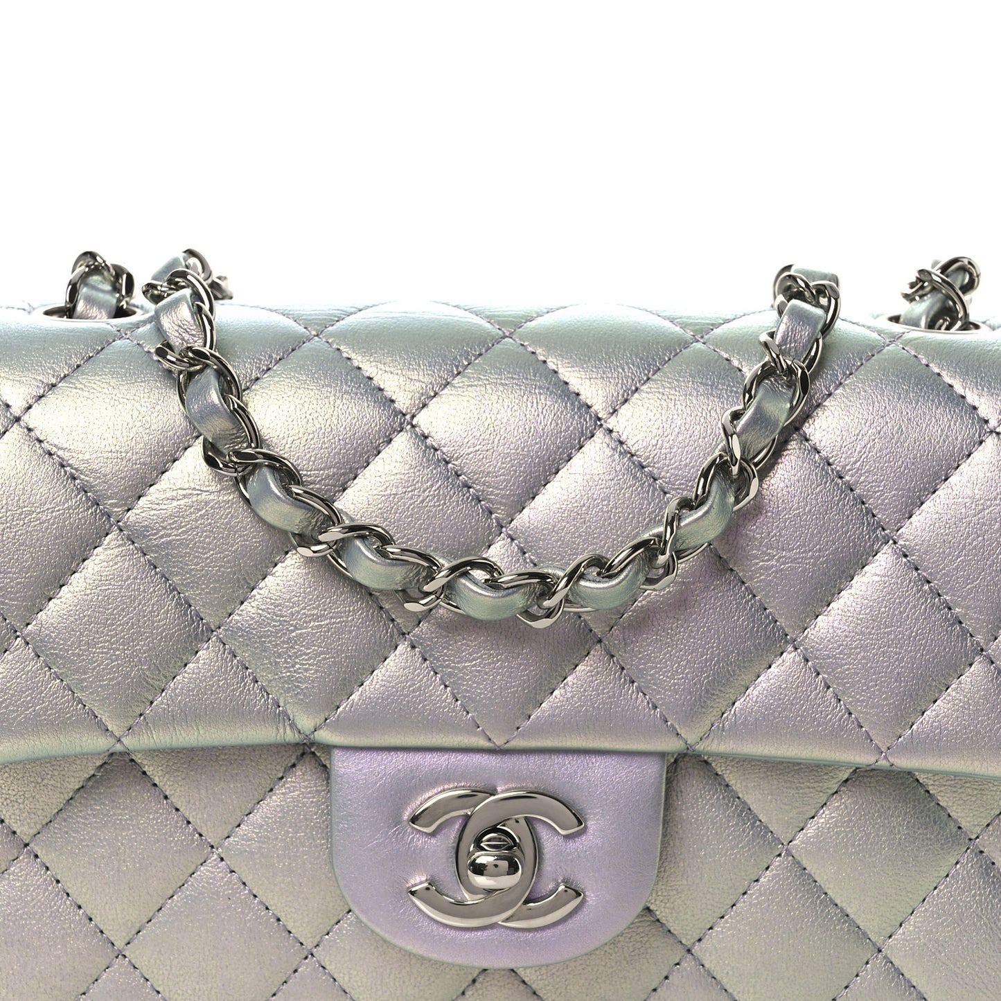 Iridescent Calfskin Quilted Mini Rectangular Flap Light Blue