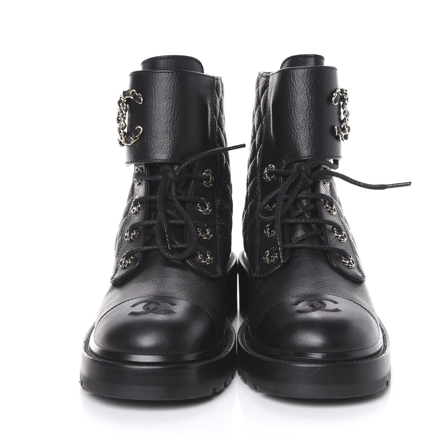 Shiny Goatskin Calfskin Quilted Lace Up Combat Boots 40 Black