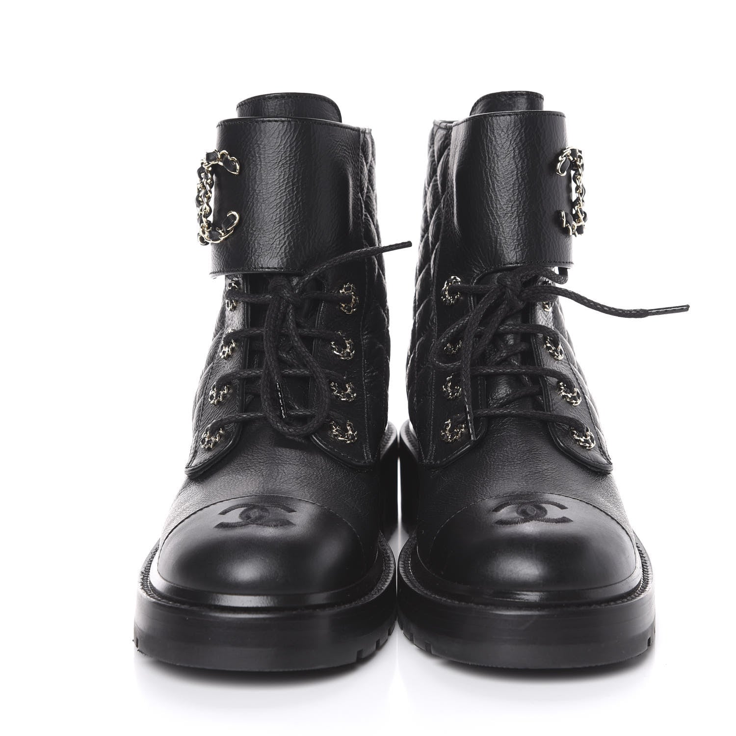 Chanel Shiny Goatskin Calfskin Quilted Lace Up Combat Boots 40 Black 2 of 10