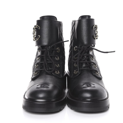 Chanel Shiny Goatskin Calfskin Quilted Lace Up Combat Boots 40 Black 2 of 10