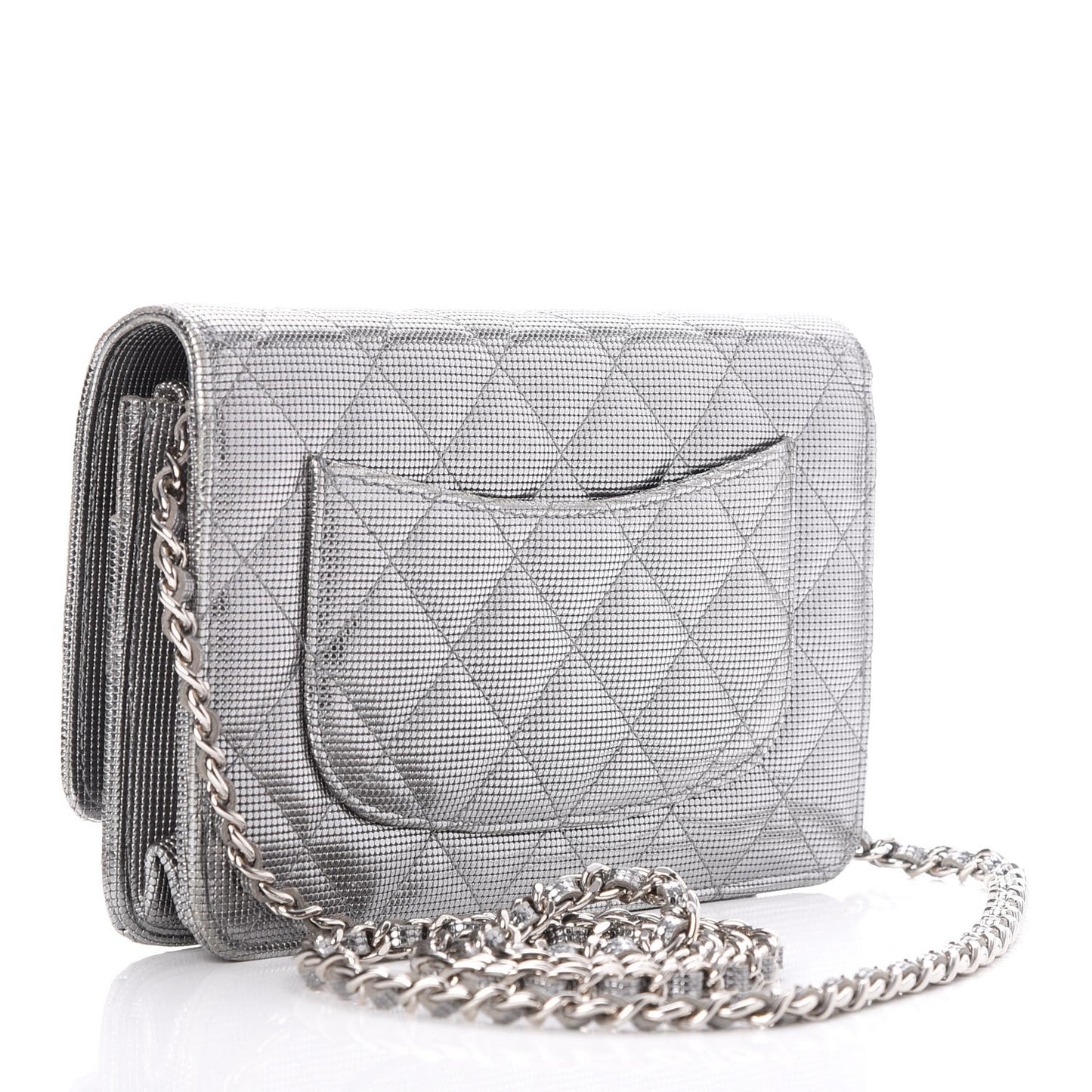 Metallic Calfskin Quilted Pixel Effect Wallet on Chain WOC Silver