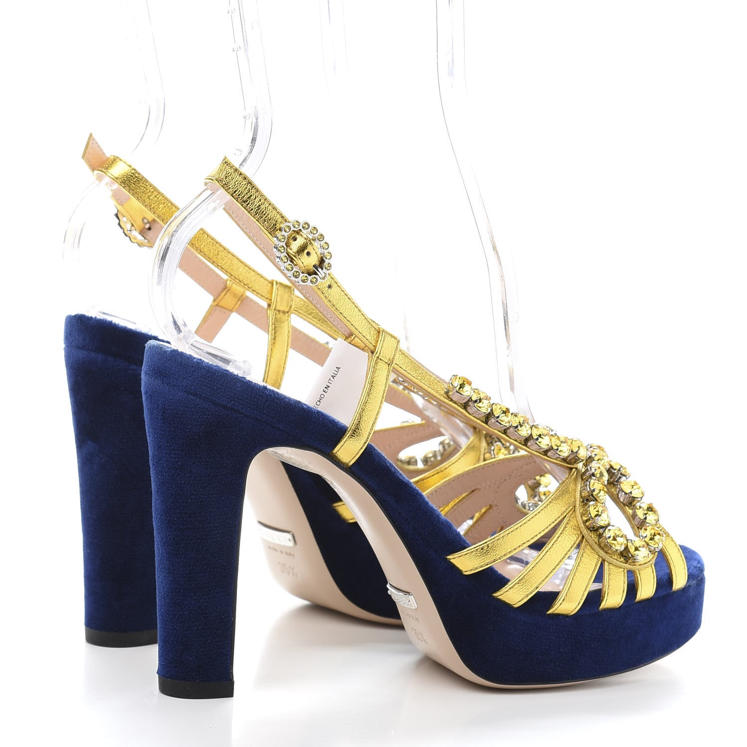 Gucci Velvet Nappa Crystal Zephyra Slingback Platform High Heel Sandals 35.5 Blue Gold 4 of 8