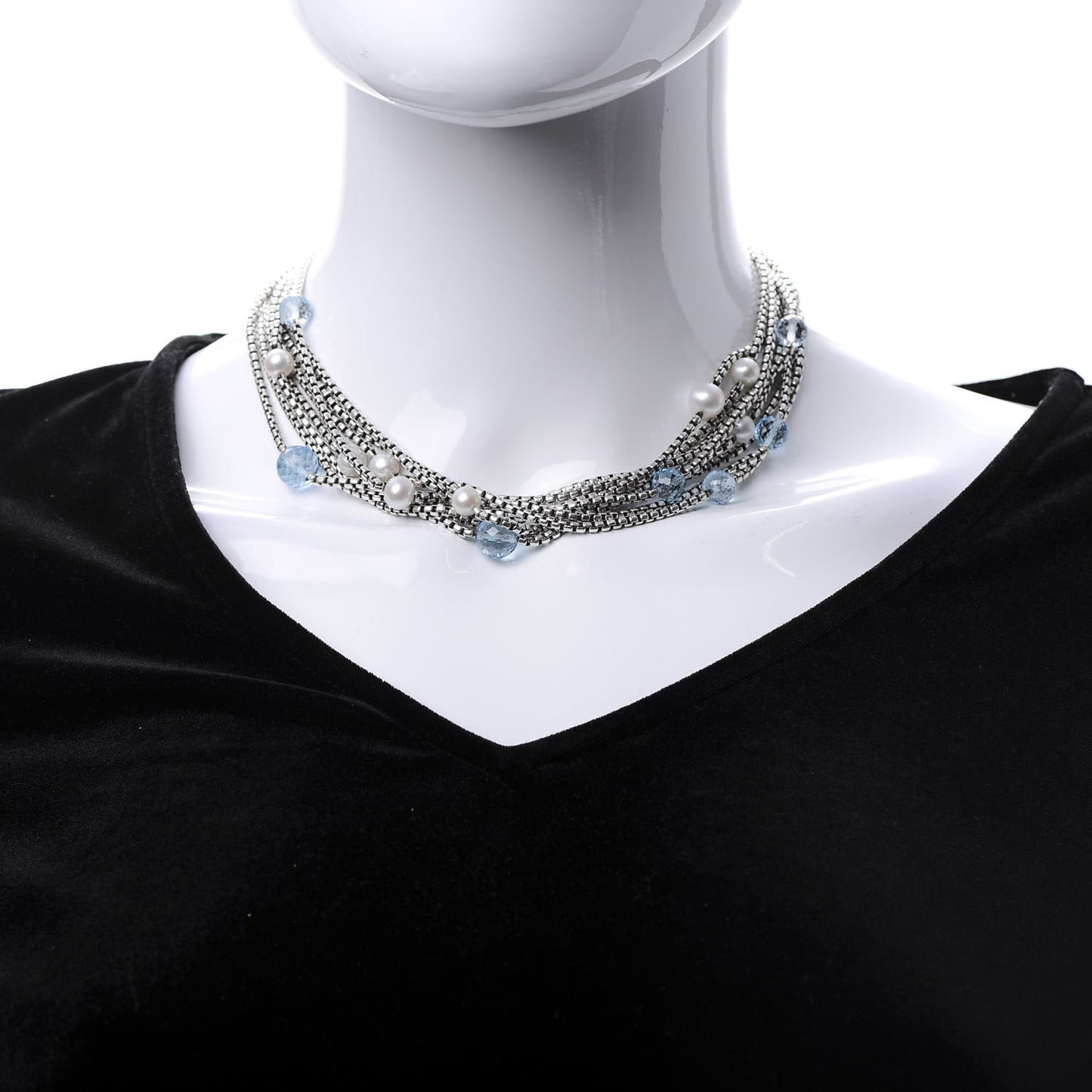 Sterling Silver 18K Yellow Gold Pearl Blue Topaz Multi Strand Necklace