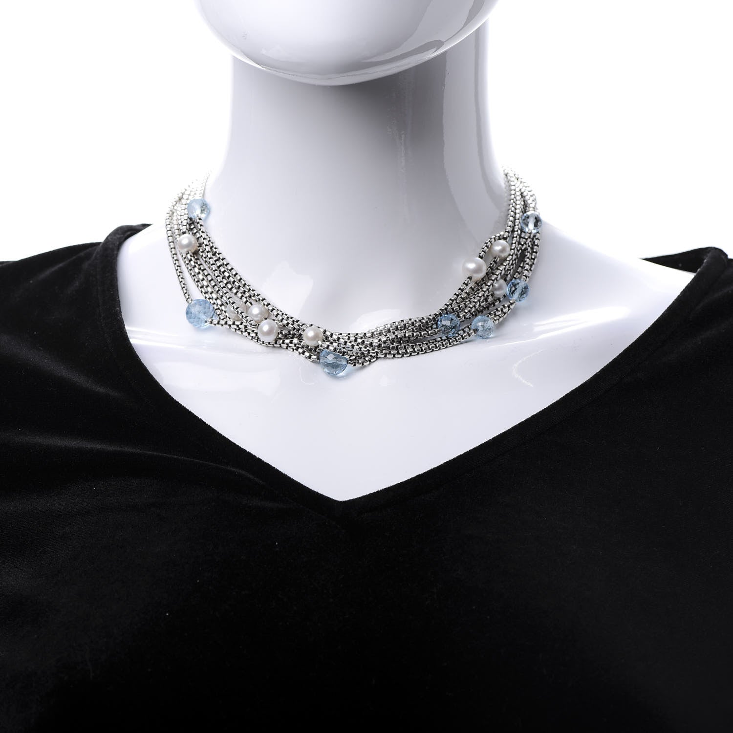 David Yurman Sterling Silver 18K Yellow Gold Pearl Blue Topaz Multi Strand Necklace 2 of 5