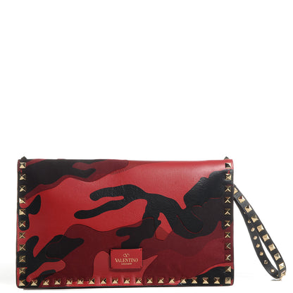 Valentino Garavani Nappa Canvas Camouflage Rockstud Wristlet Clutch Red Black 1 of 8