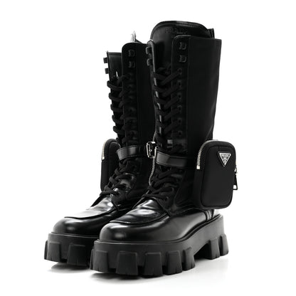 Prada Vitello Lux Nylon Metal Triangle Logo Monolith Pouch Pocket 55mm Tall Combat Boots 38.5 Black 3 of 11