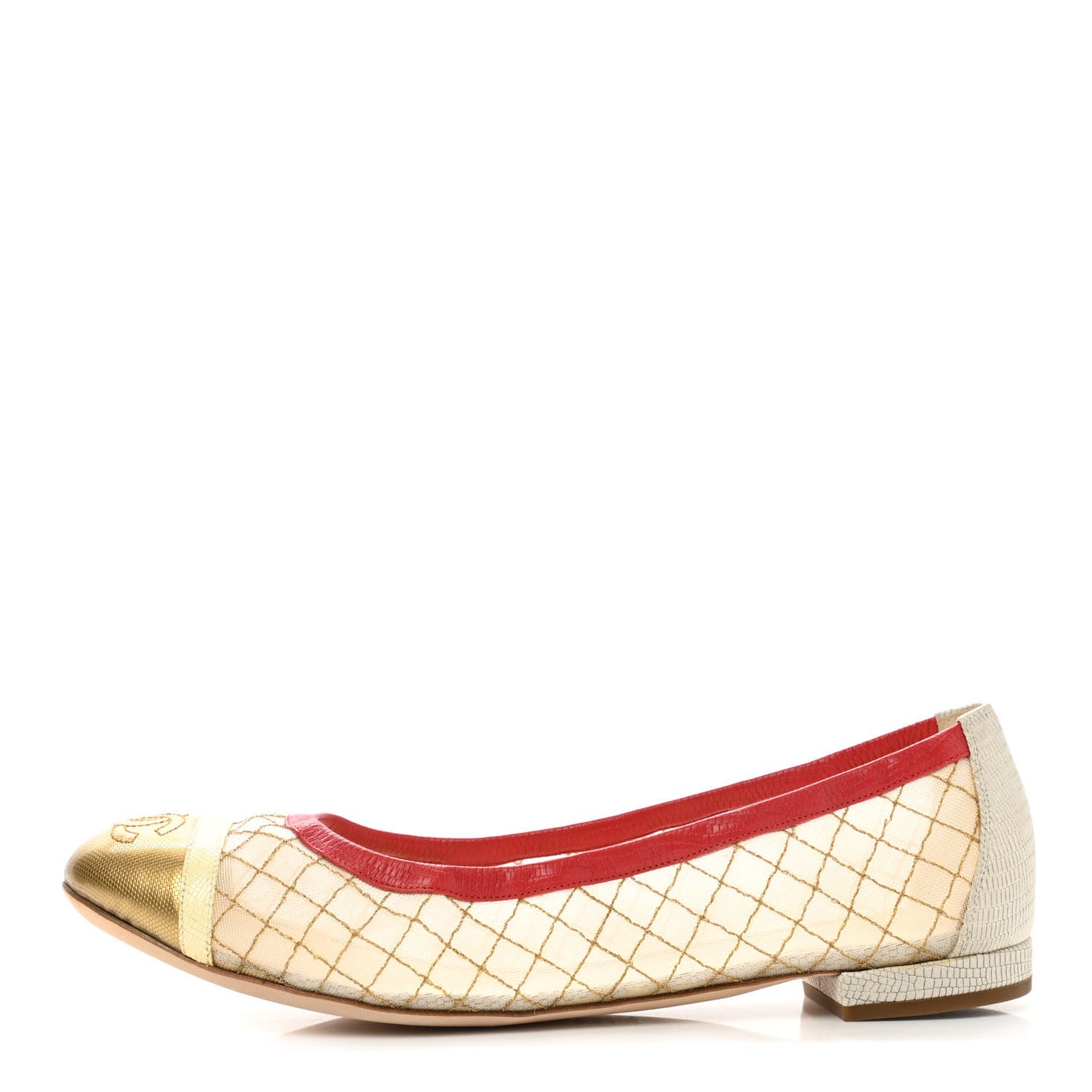 Lambskin Mesh Quilted CC Cap Toe Ballerina Flats 39.5 White Gold Red