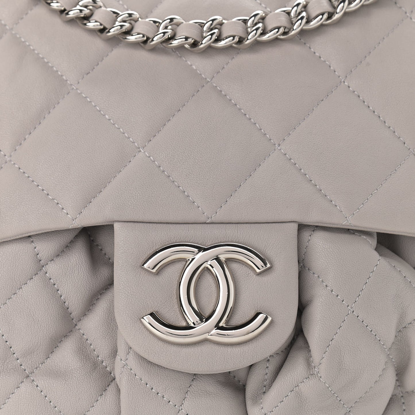Washed Lambskin Quilted Large Chain Around Flap Grey