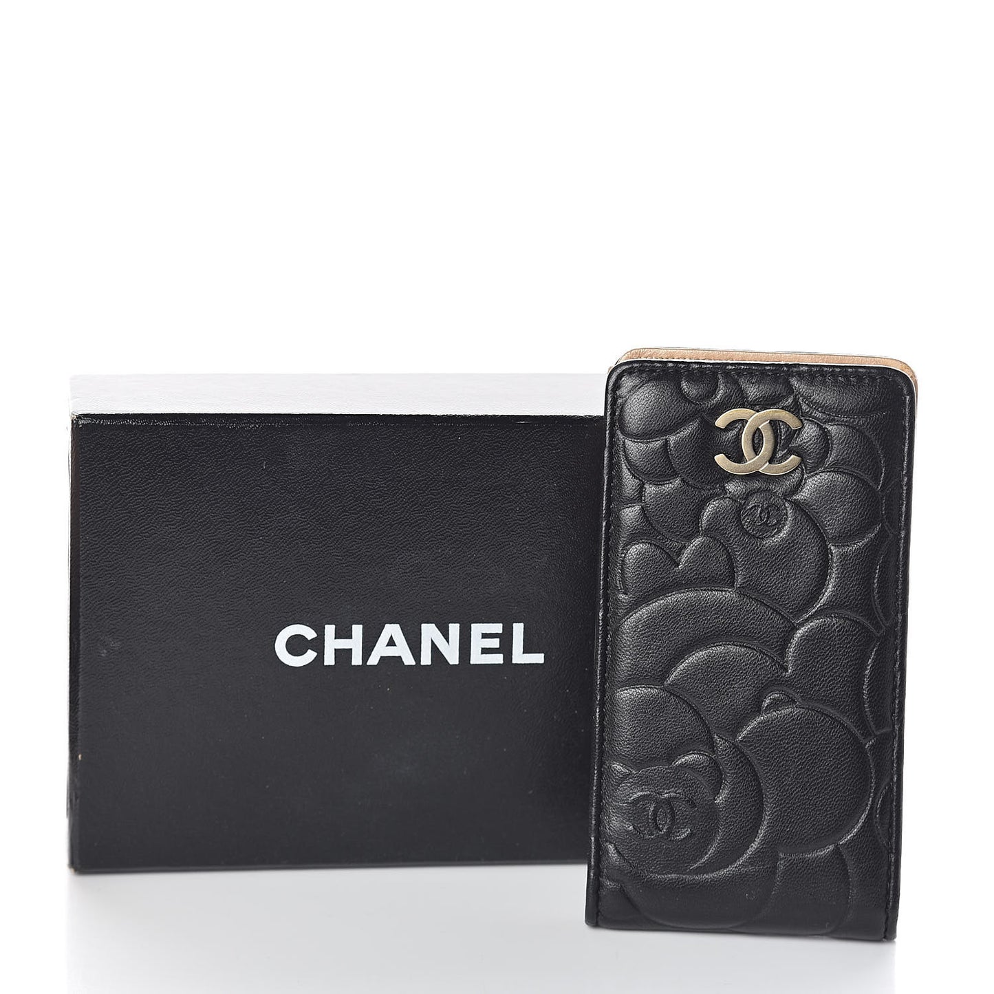 Lambskin Camellia Embossed Phone Case Black