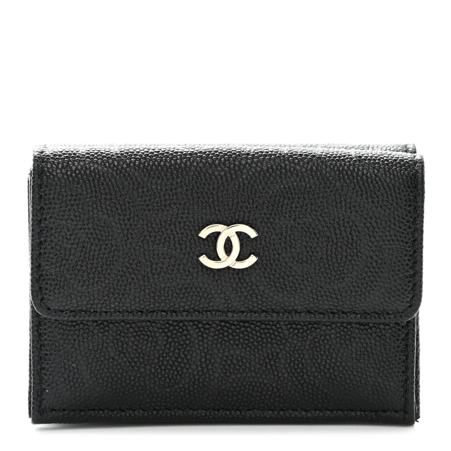 Caviar Camellia Embossed Compact Wallet Black
