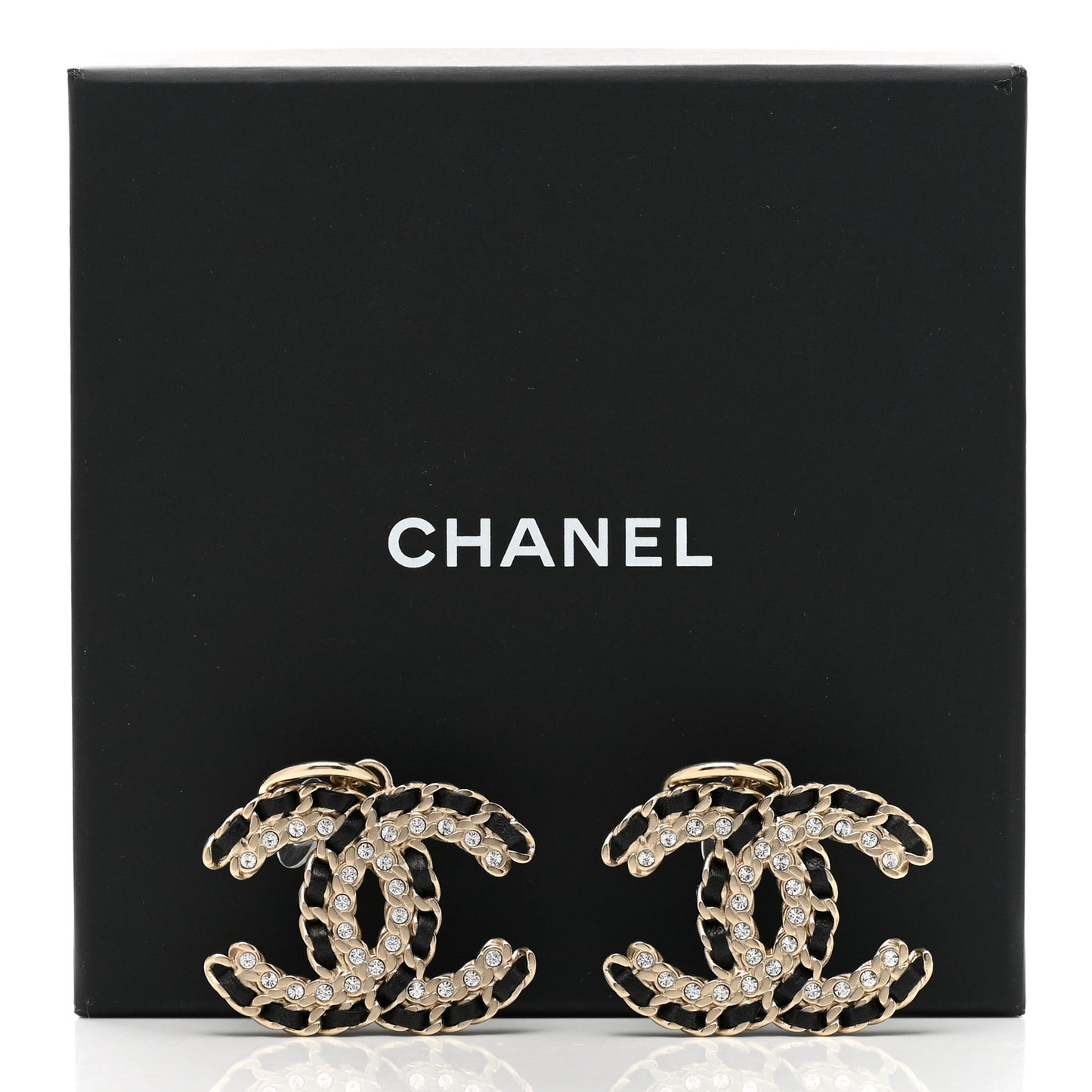 Crystal Lambskin Chain CC Vintage Allure Stud Earrings Black Gold